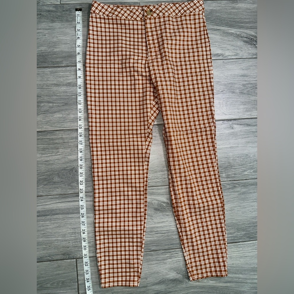 Women's Brown/Orange Checkered Cropped Casual Pants size Large - Picture 4 of 5